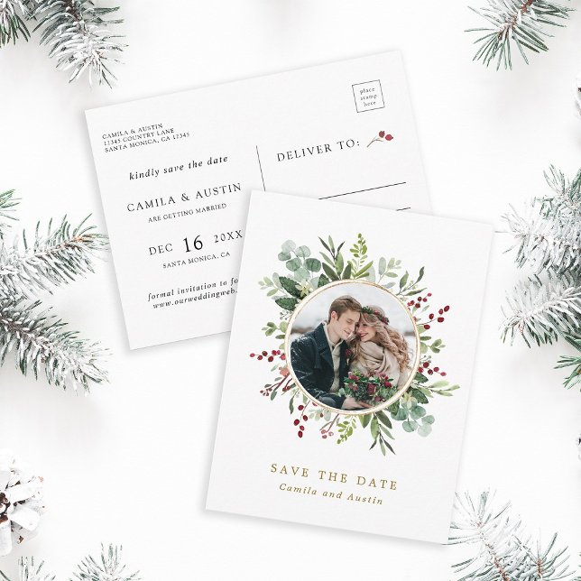 Botanical Christmas Gold Photo Save The Date Postcard (Front & Back)