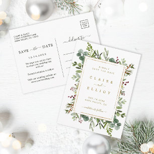 Botanical Christmas Gold Wedding Save the Date Announcement Postcard