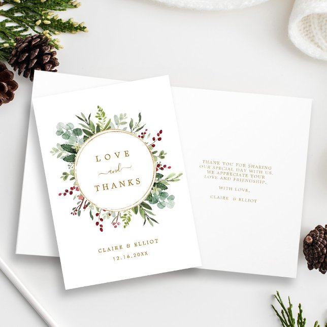 Botanical Christmas Gold Wedding Thank You Folded  Card (Front & Inside)