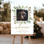 Botanical Christmas Gold Wedding Welcome Photo Poster<br><div class="desc">This photo wedding welcome sign features painted watercolor eucalyptus greenery,  green leaves,  red berries,  pine branches with a gold square frame. For more advanced customization of this design,  please click the "Customize further" link.  Matching items are also available.</div>