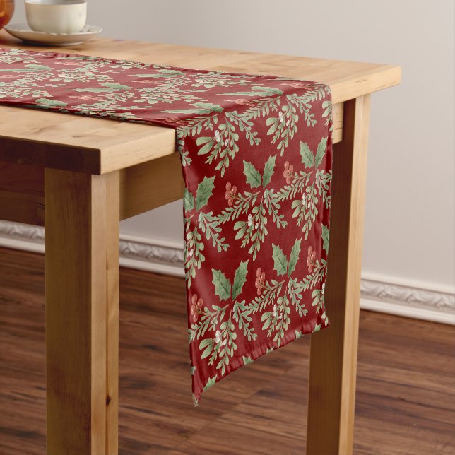 Botanical Christmas Holiday Red Holly Berries Short Table Runner (In Situ)