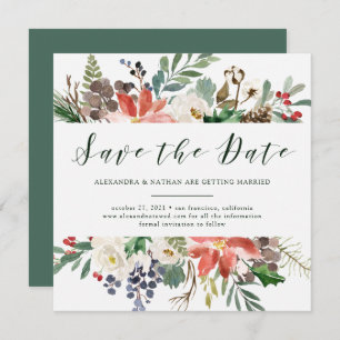 Botanical Christmas Holiday Script Save the Date Invitation
