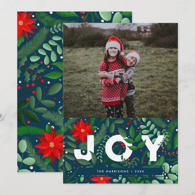 Botanical Christmas Joy (on Blue) Single Photo Holiday Card (Front/Back)