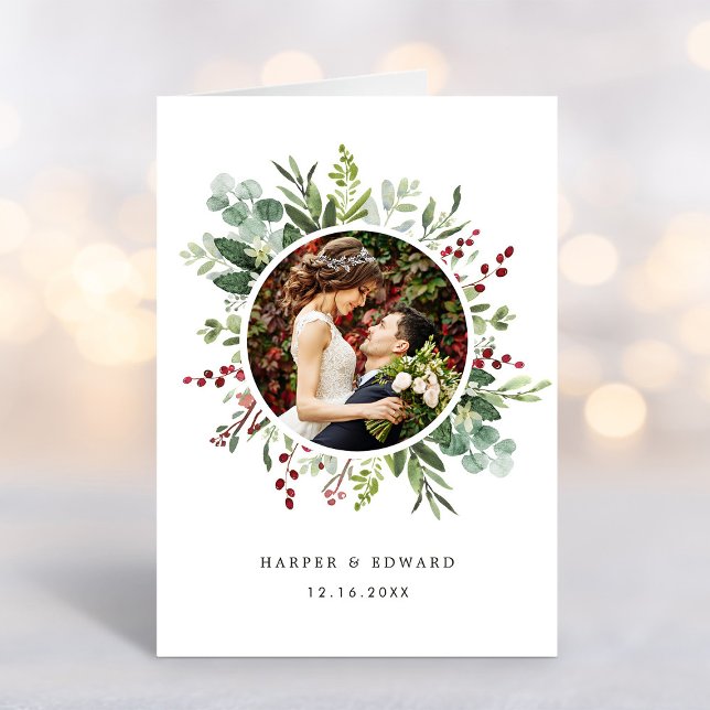 Botanical Christmas Wedding Photo Thank You Folded Card (Creator Uploaded)