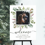 Botanical Christmas Wedding Welcome Photo Green Poster<br><div class="desc">This photo wedding welcome sign features painted watercolor eucalyptus greenery,  green leaves,  red berries,  pine branches with a green square frame. For more advanced customization of this design,  please click the "Customize further" link.  Matching items are also available.</div>