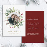 Botanical Christmas Winter Wedding Gold Photo Save The Date<br><div class="desc">This Christmas | Holiday photo save the date flat card features painted watercolor eucalyptus,  green leaves,  red berries,  pine branches with a faux gold circle frame. For more advanced customization of this design,  please click the "customize further" link. Matching items are also available.</div>