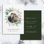 Botanical Christmas Winter Wedding Green Photo  Save The Date<br><div class="desc">This Christmas | Holiday save the date flat card features painted watercolor eucalyptus,  green leaves,  red berries,  pine branches with a circle photo. For more advanced customization of this design,  please click the "customize further" link. Matching items are also available.</div>