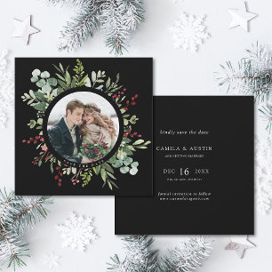 Botanical Christmas Winter Wedding Square Black Save The Date