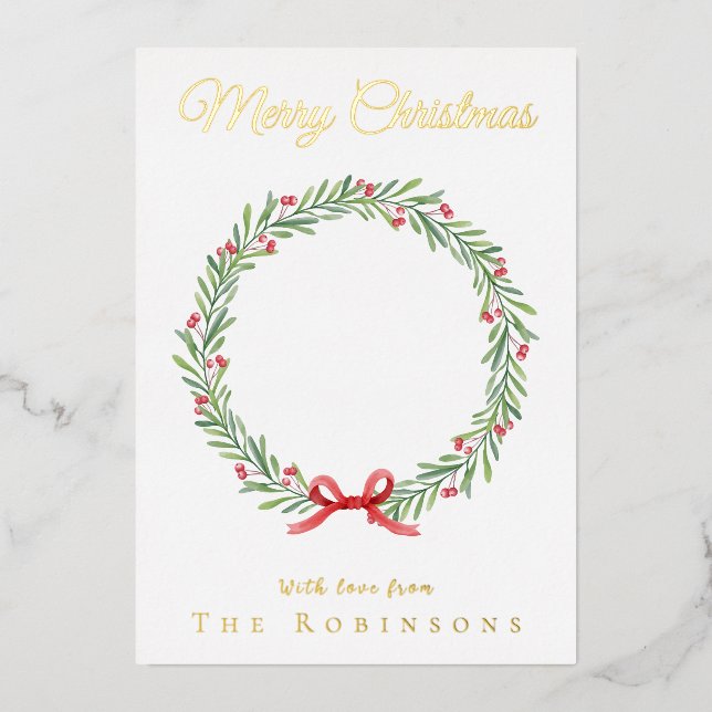 Botanical Christmas Wreath Modern Gold Script Foil Holiday Card (Front)