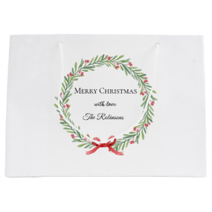 Botanical Christmas Wreath Modern Script Large Gift Bag