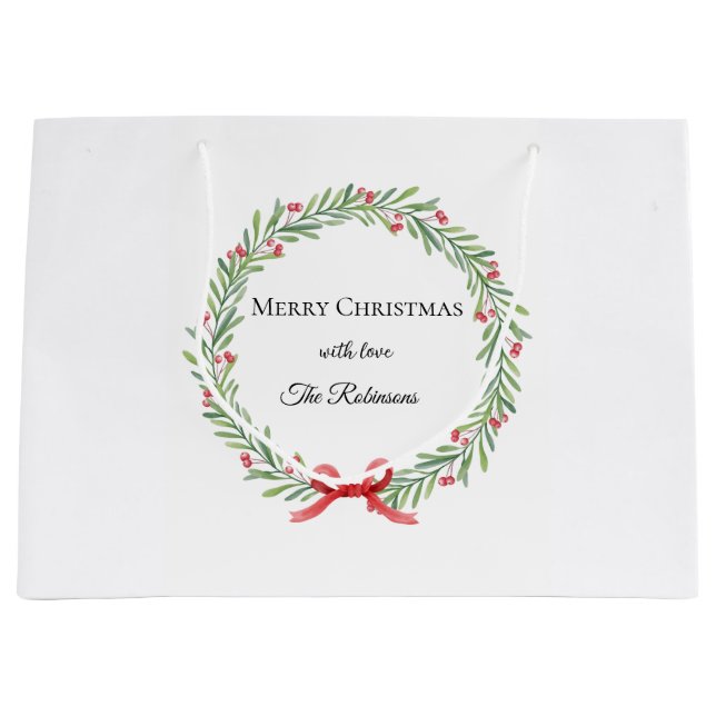 Botanical Christmas Wreath Modern Script  Large Gift Bag (Front)
