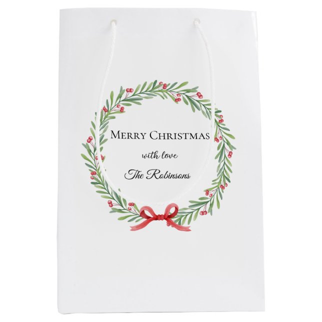 Botanical Christmas Wreath Modern Script Medium Gift Bag (Front)