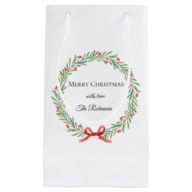 Botanical Christmas Wreath Modern Script  Small Gift Bag (Front)