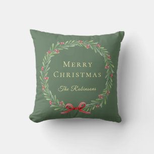 Botanical Christmas Wreath Modern Script Throw Pillow