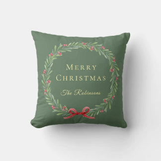Botanical Christmas Wreath Modern Script Throw Pillow