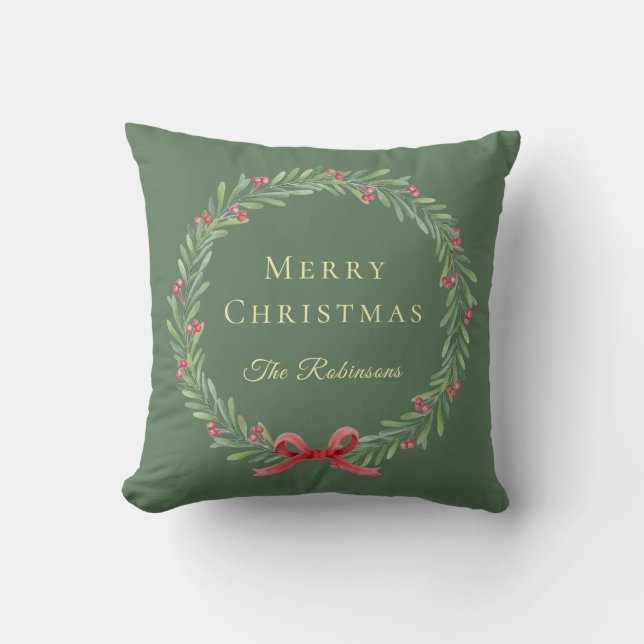 Botanical Christmas Wreath Modern Script Throw Pillow (Front)
