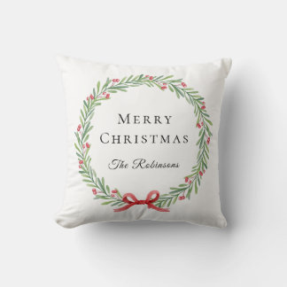Botanical Christmas Wreath Modern Script Throw Pillow