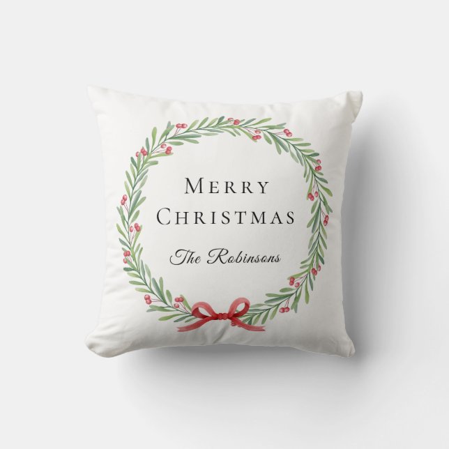 Botanical Christmas Wreath Modern Script  Throw Pillow (Front)