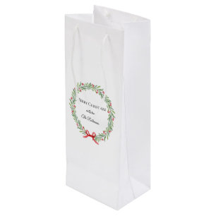 Botanical Christmas Wreath Modern Script Wine Gift Bag