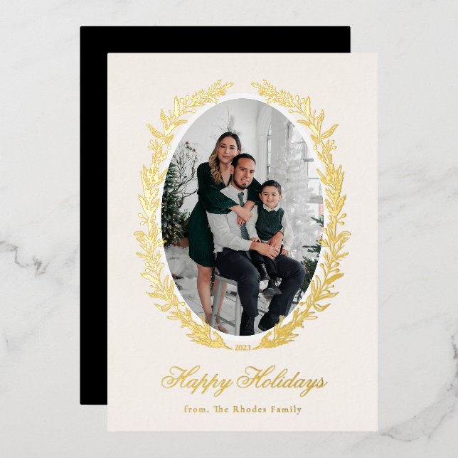 Botanical Christmas Wreath Photo Foil Holiday Card (Front/Back)