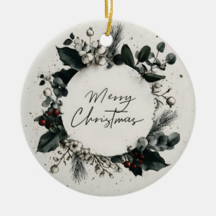 Botanical Christmas Wreath with "Merry Christmas"  Ceramic Ornament