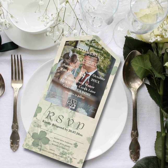 Botanical Clover Green Chartreuse Photo QR Code All In One Invitation (Creator Uploaded)