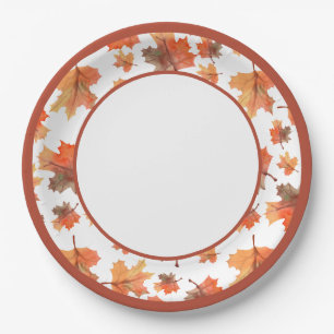 Botanical Cocoa Stripes & Maple Leaves Paper Plate