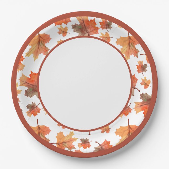 Botanical Cocoa Stripes & Maple Leaves Paper Plate (Front)