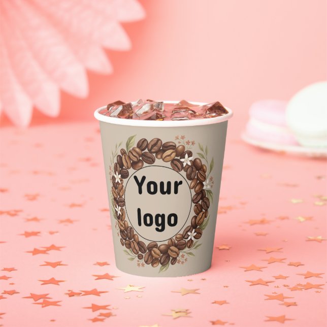 Botanical Coffee Bean Wreath Custom Logo Paper Cups (Insitu)