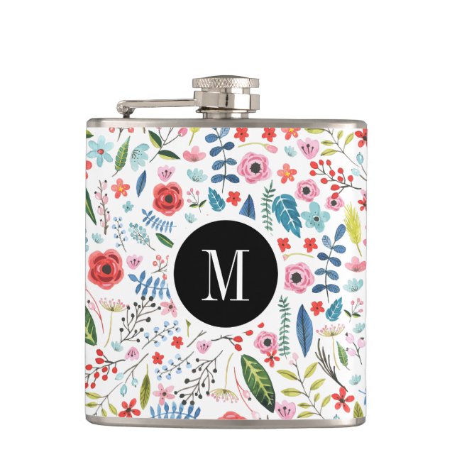Botanical Colourful Flowers & Leafs Pattern Hip Flask (Front)