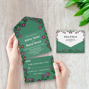 Botanical Colourful Roses Rustic Floral Wedding All In One Invitation