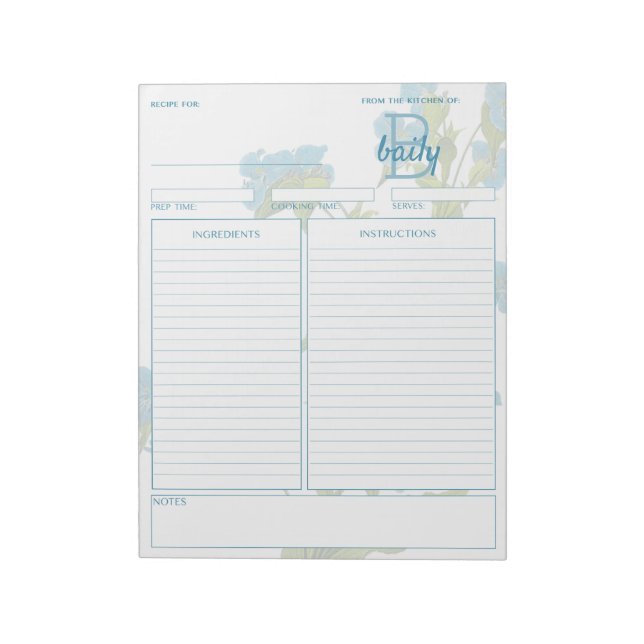 Botanical Commelina Customizable Recipe Notepad (Rotated)