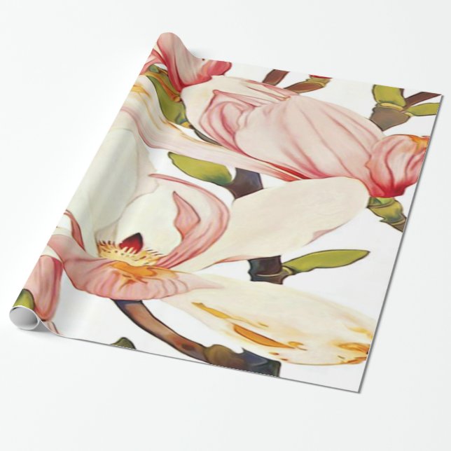 Botanical Coral Pink Magnolia Flowers Floral Art Wrapping Paper (Unrolled)