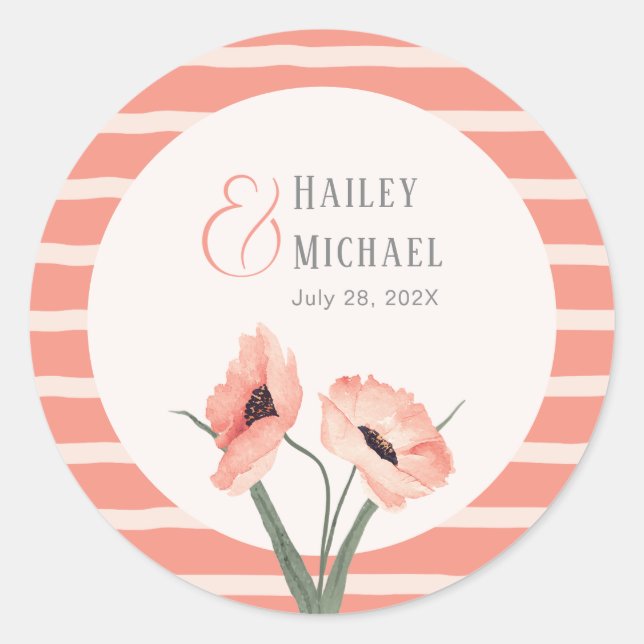 Botanical Coral Stripes Classic Round Sticker (Front)