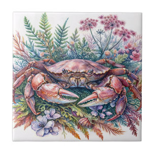 Botanical Crab Sea Life Watercolor Tile