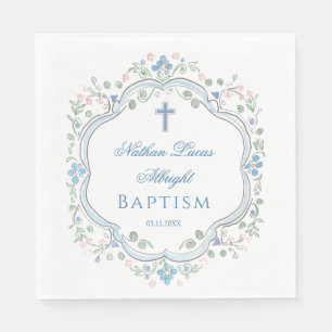 Botanical Crest Blue Cross Baptism Napkin