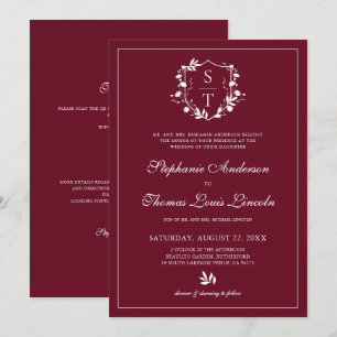 Botanical Crest Burgundy Wedding QR Code Invitation