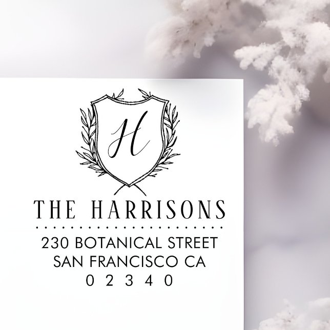 Botanical Crest Custom Monogram & Return Address Rubber Stamp (Creator Uploaded)