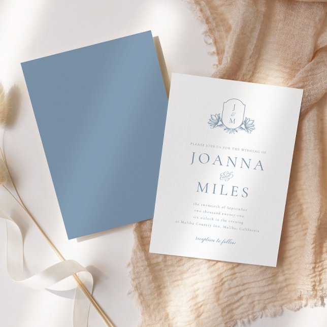Botanical Crest Dusty Blue Monogram Invitation (Creator Uploaded)