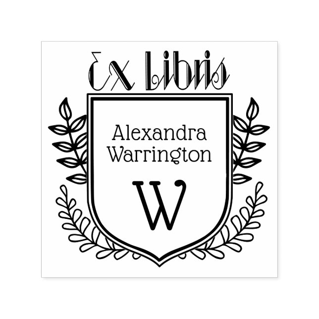 Botanical Crest Ex Libris #2 Book Name Initial Self-inking Stamp (Design)