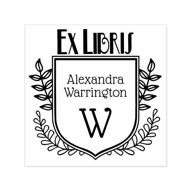 Botanical Crest Ex Libris Book Name Initial Self-inking Stamp (Design)