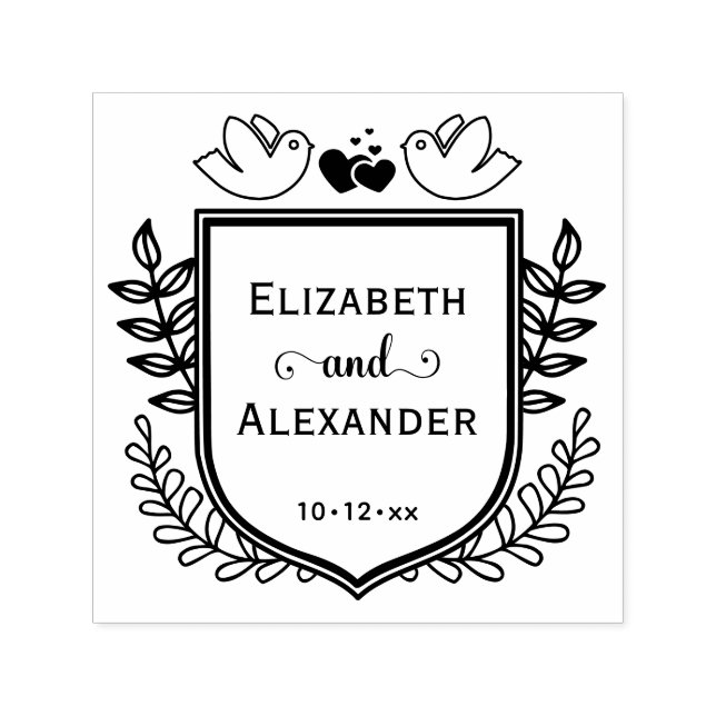 Botanical Crest Love Birds Hearts Couple Wedding Self-inking Stamp (Design)