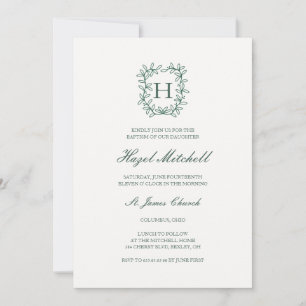 Botanical crest monogram christening baptism invitation