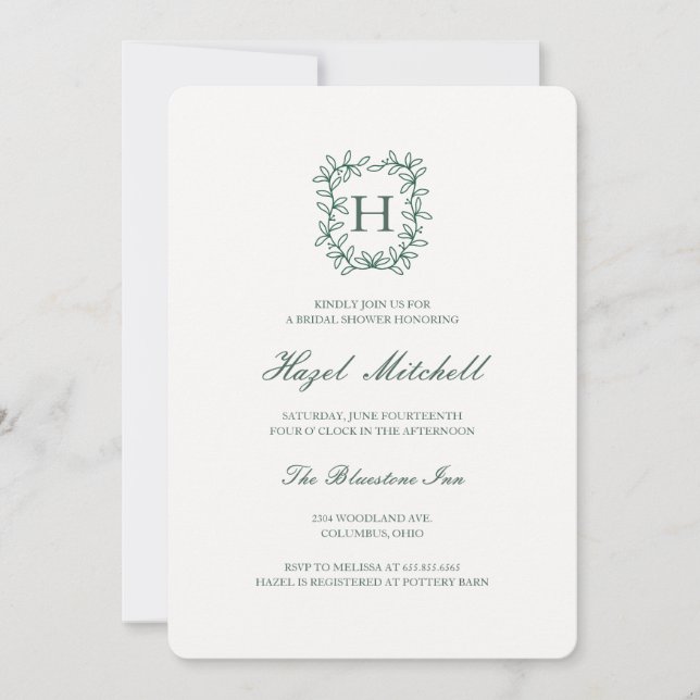 Botanical crest monogram classic bridal shower  invitation (Front)
