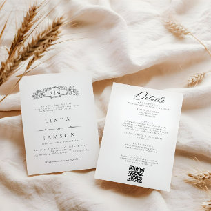 Botanical crest monogram QR Code Details  Wedding Invitation