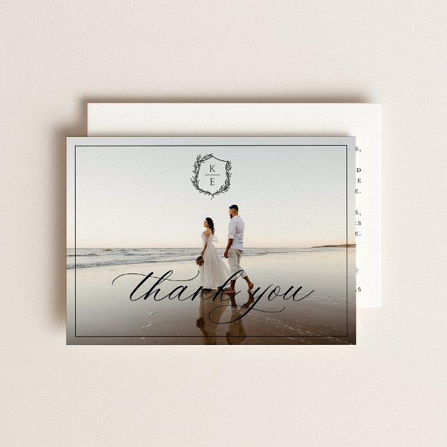 Botanical Crest Monogram Wedding Photo Thank You Card (Creator Uploaded)
