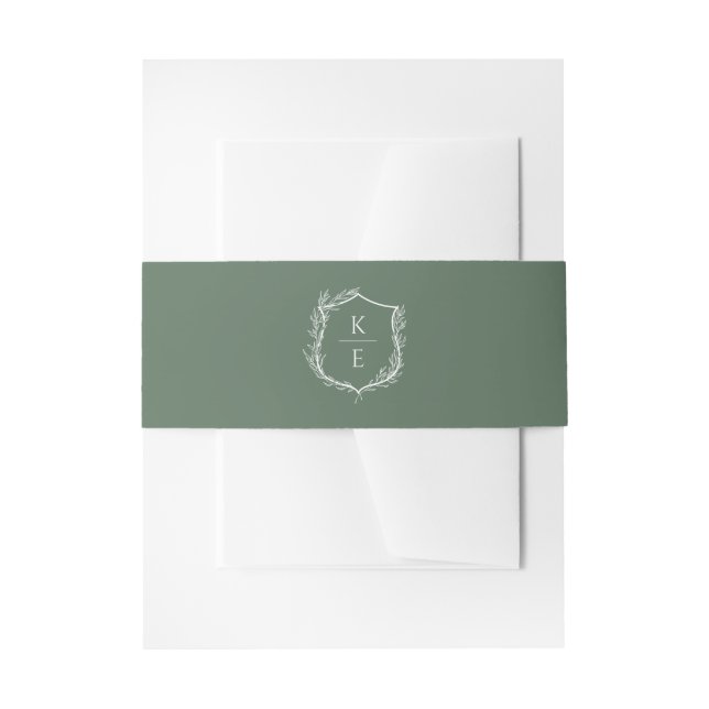 Botanical Crest Monogram Wedding Sage Invitation Belly Band (Front Example)