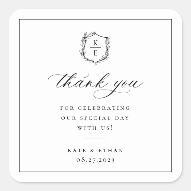 Botanical Crest Monogram Wedding Thank You Square Sticker (Front)