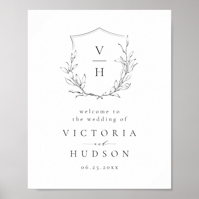 Botanical crest monogram wedding welcome sign (Front)