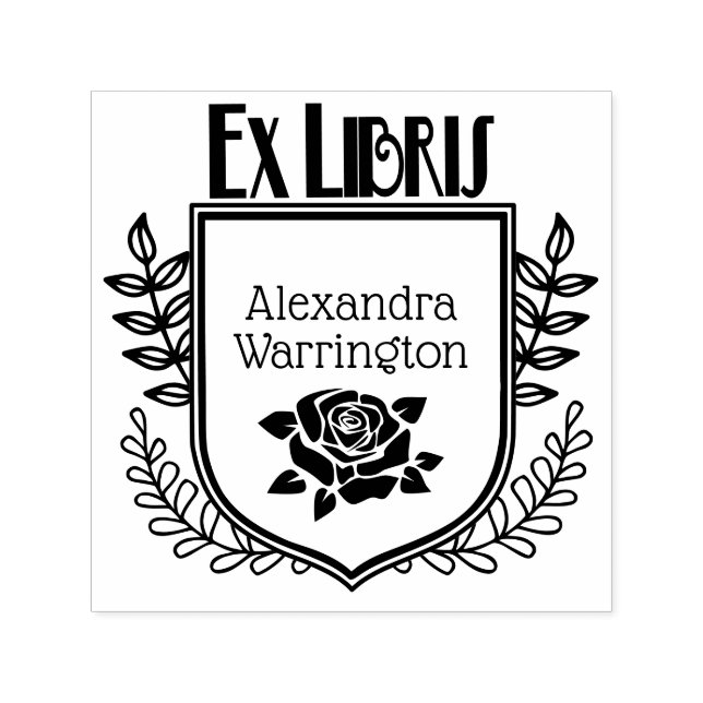 Botanical Crest Rose Ex Libris Book Name Self-inking Stamp (Design)